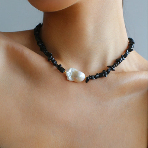 Large Baroque Pearl Black Gemstone Necklace